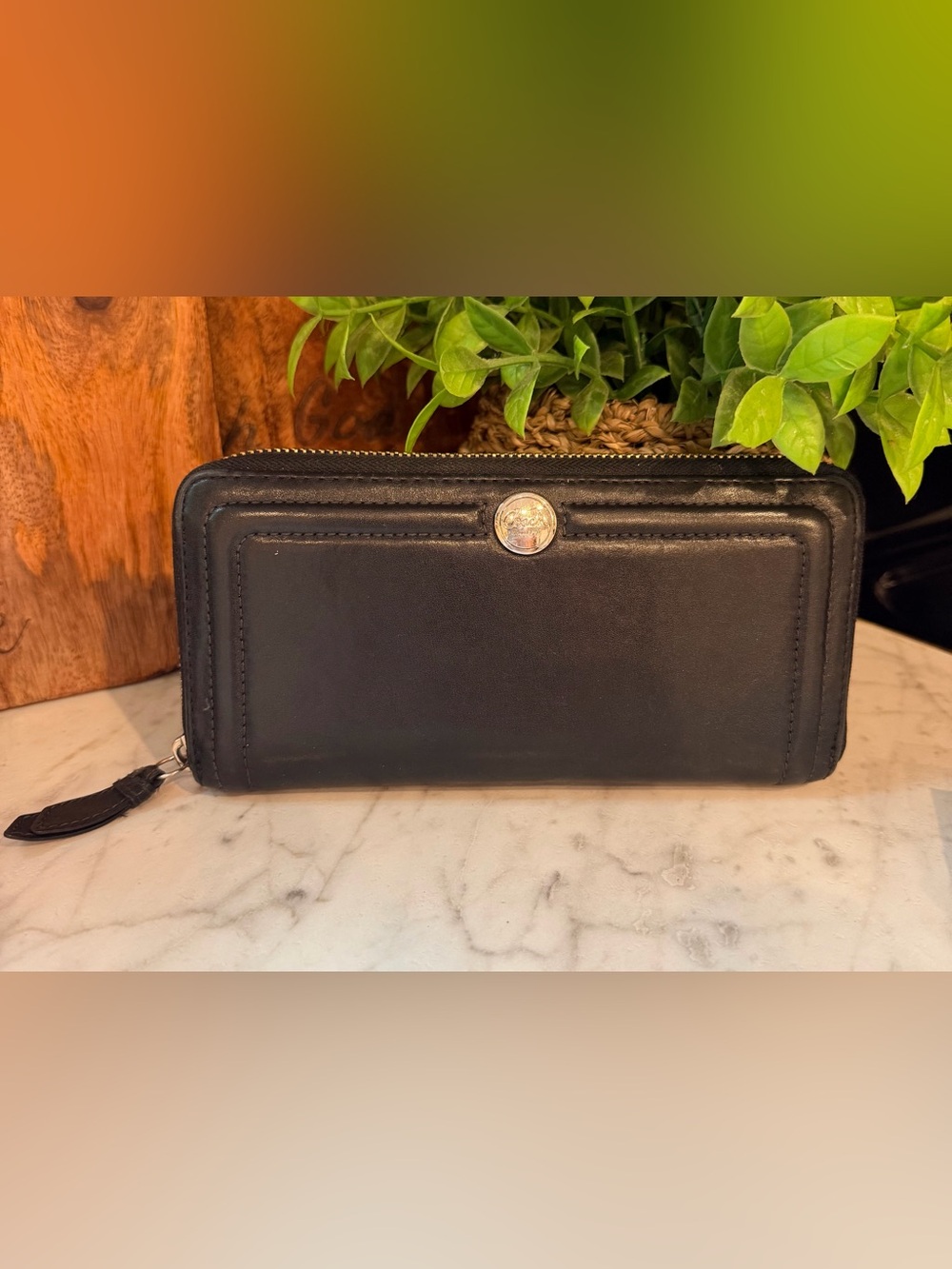 Authentic Coach Black Leather Zip-Around Wallet with Silver Logo Button